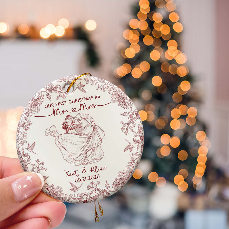 Toile De Jouy Your Photo - Our First Christmas As Mr. Mrs. - Personalized Ornament 8