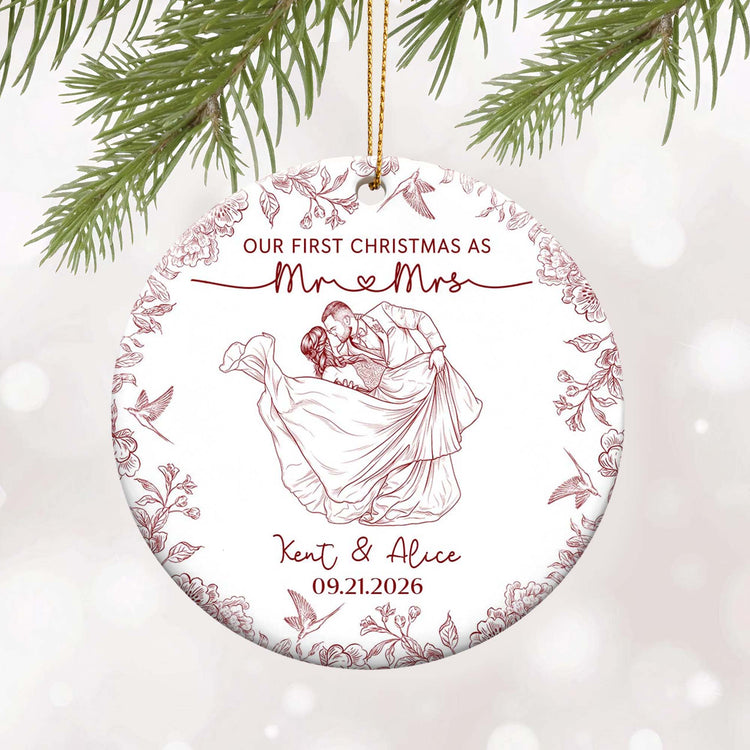 Toile De Jouy Your Photo - Our First Christmas As Mr. Mrs. - Personalized Ornament 10