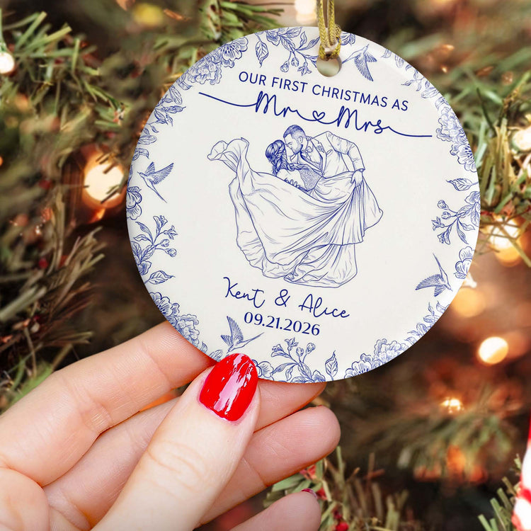 Toile De Jouy Your Photo - Our First Christmas As Mr. Mrs. - Personalized Ornament 11