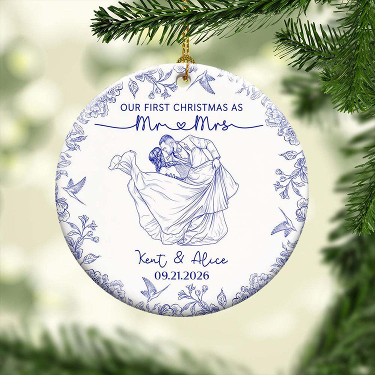 Toile De Jouy Your Photo - Our First Christmas As Mr. Mrs. - Personalized Ornament 12