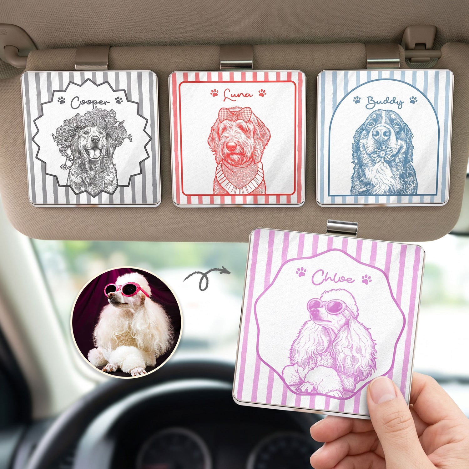 Turn Pets' Photo Into Art - Vintage Stripe - Personalized Car Visor Clip 1