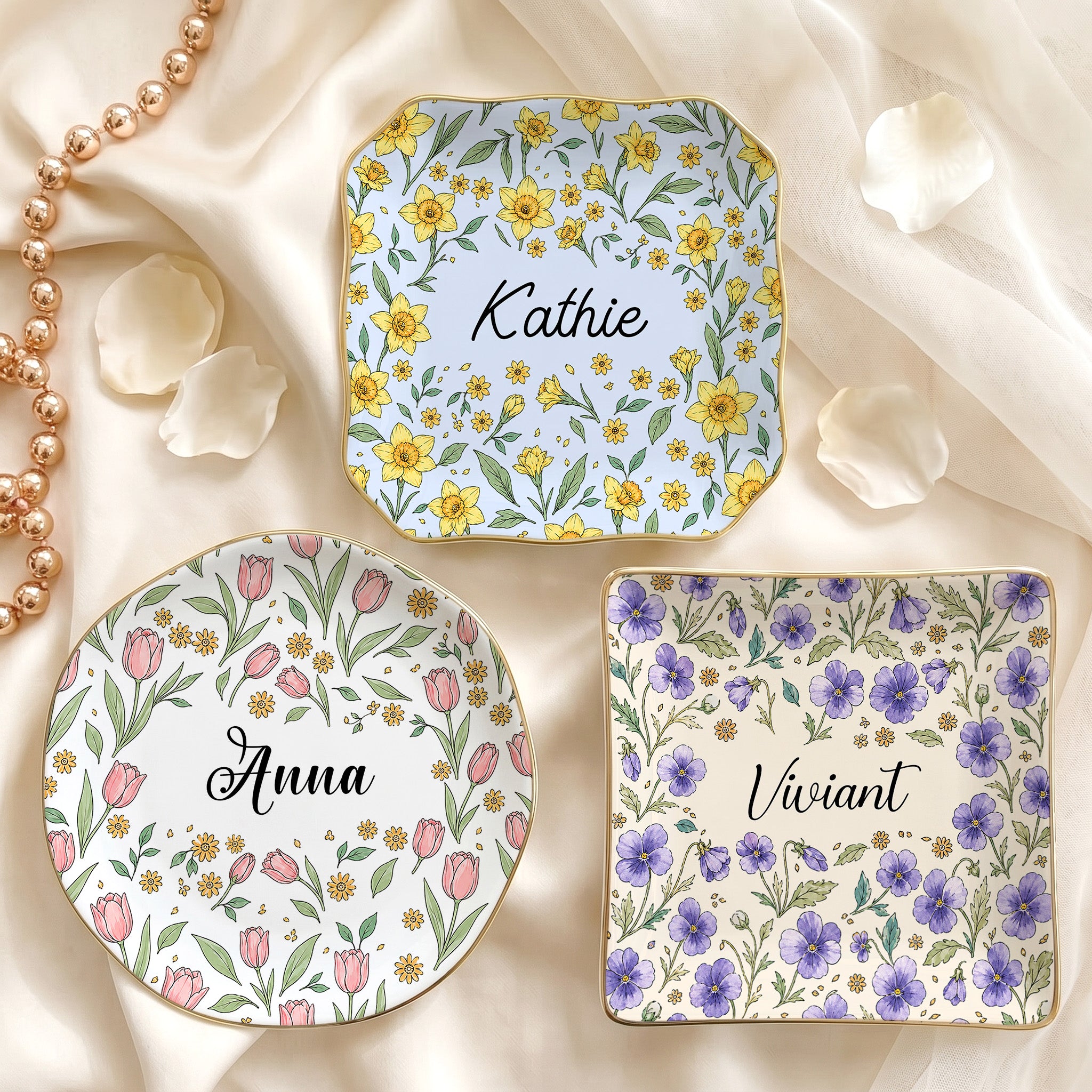 Vintage Birth Flower Wedding Bridesmaid Birthday Stocking - Personalized Jewelry Dish 1