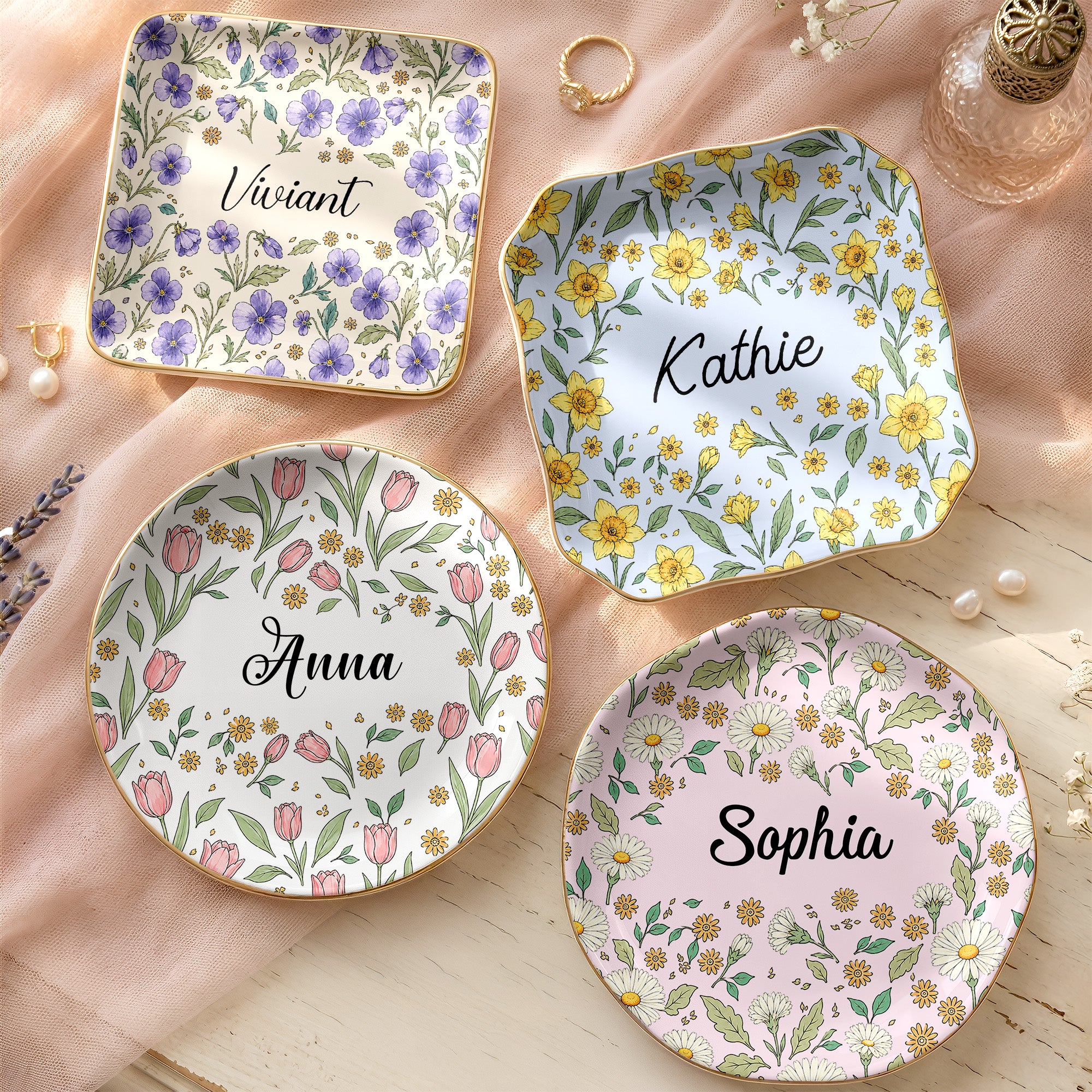 Vintage Birth Flower Wedding Bridesmaid Birthday Stocking - Personalized Jewelry Dish 3