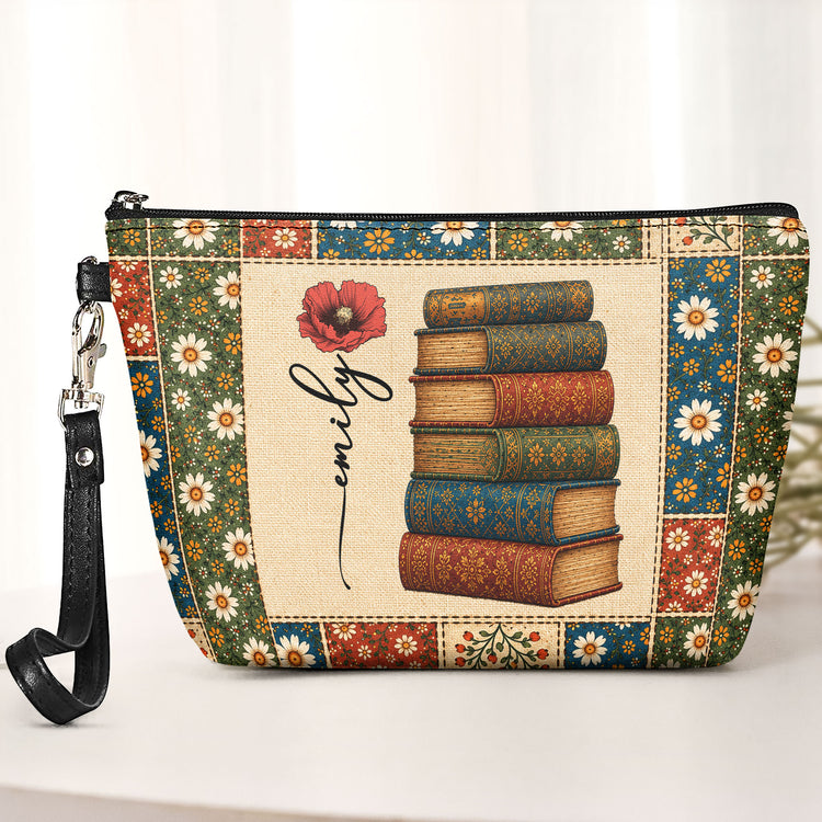 Vintage Book Patchwork Style Custom Birth Month Flower - Personalized Cosmetic Bag 1