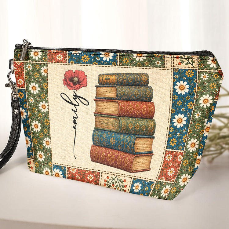 Vintage Book Patchwork Style Custom Birth Month Flower - Personalized Cosmetic Bag 2