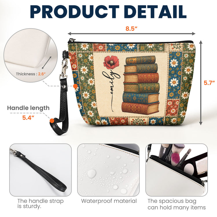 Vintage Book Patchwork Style Custom Birth Month Flower - Personalized Cosmetic Bag 5