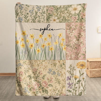 Vintage Patchwork Style Birth Month Flower Gift For Her Daughter Friend Sister Wife - Personalized Blanket
