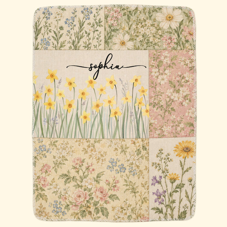 Vintage Patchwork Style Birth Month Flower Gift For Her Daughter Friend Sister Wife - Personalized Blanket 2