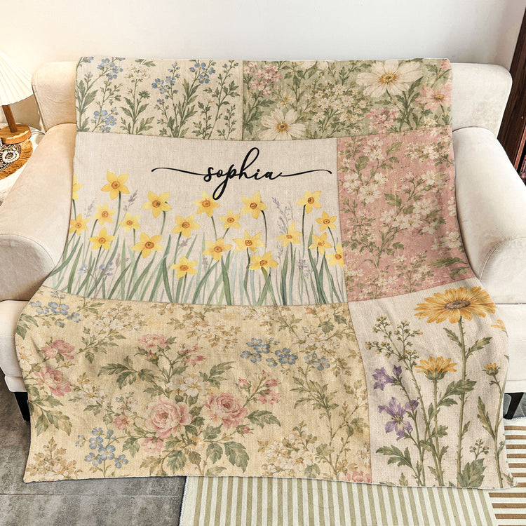 Vintage Patchwork Style Birth Month Flower Gift For Her Daughter Friend Sister Wife - Personalized Blanket 3