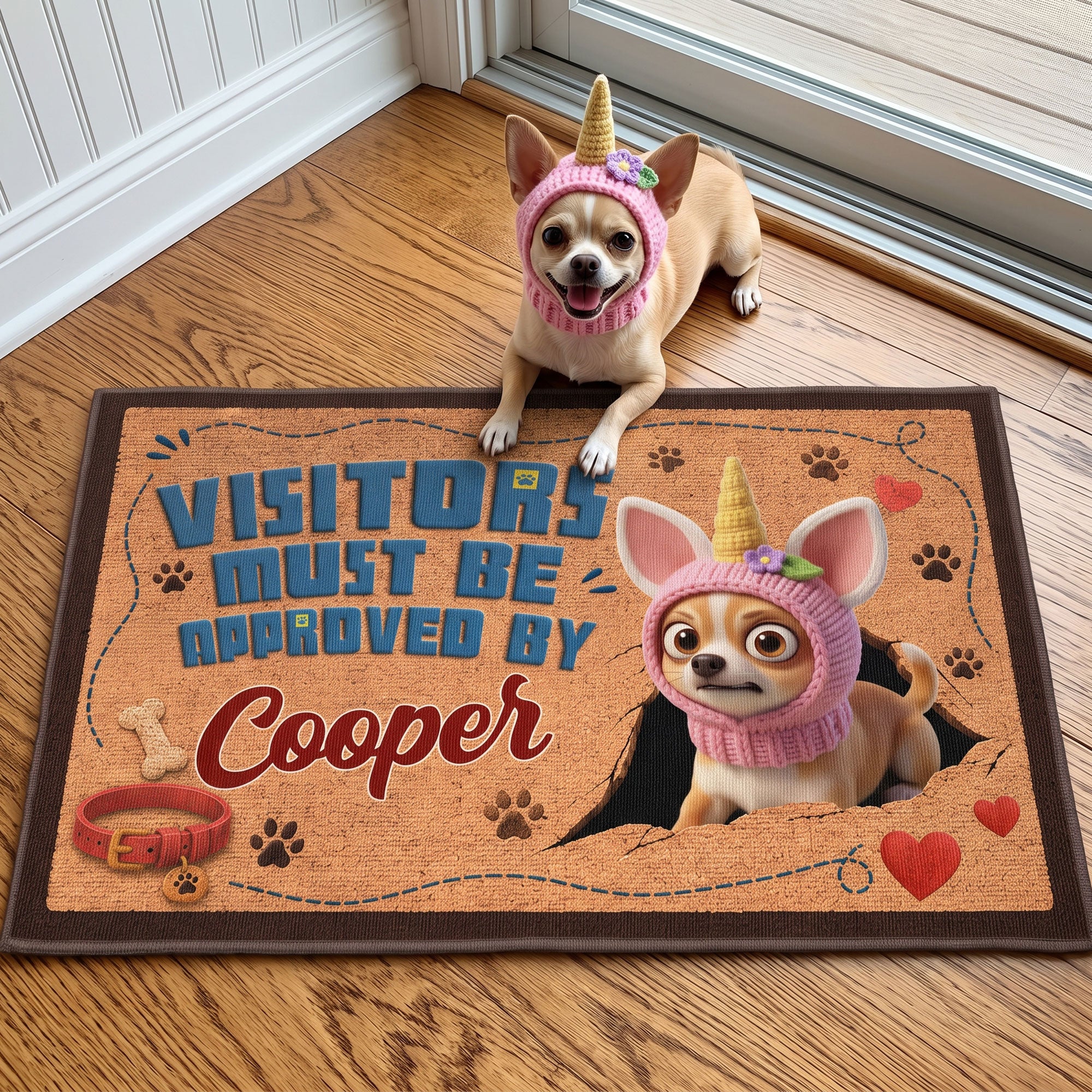 Visitors Must Be Approved By Custom Dog Name, Cat Name - Cartoon Your Pet - Personalized Doormat 1