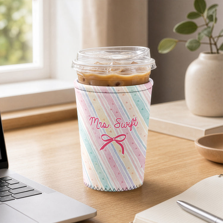 Watercolor Floral Stripe Pattern - Personalized Iced Coffee Sleeve 3