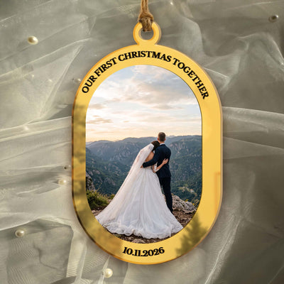Wedding Couples Photo Mirror Ornament - First Christmas Married - Personalized Ornament