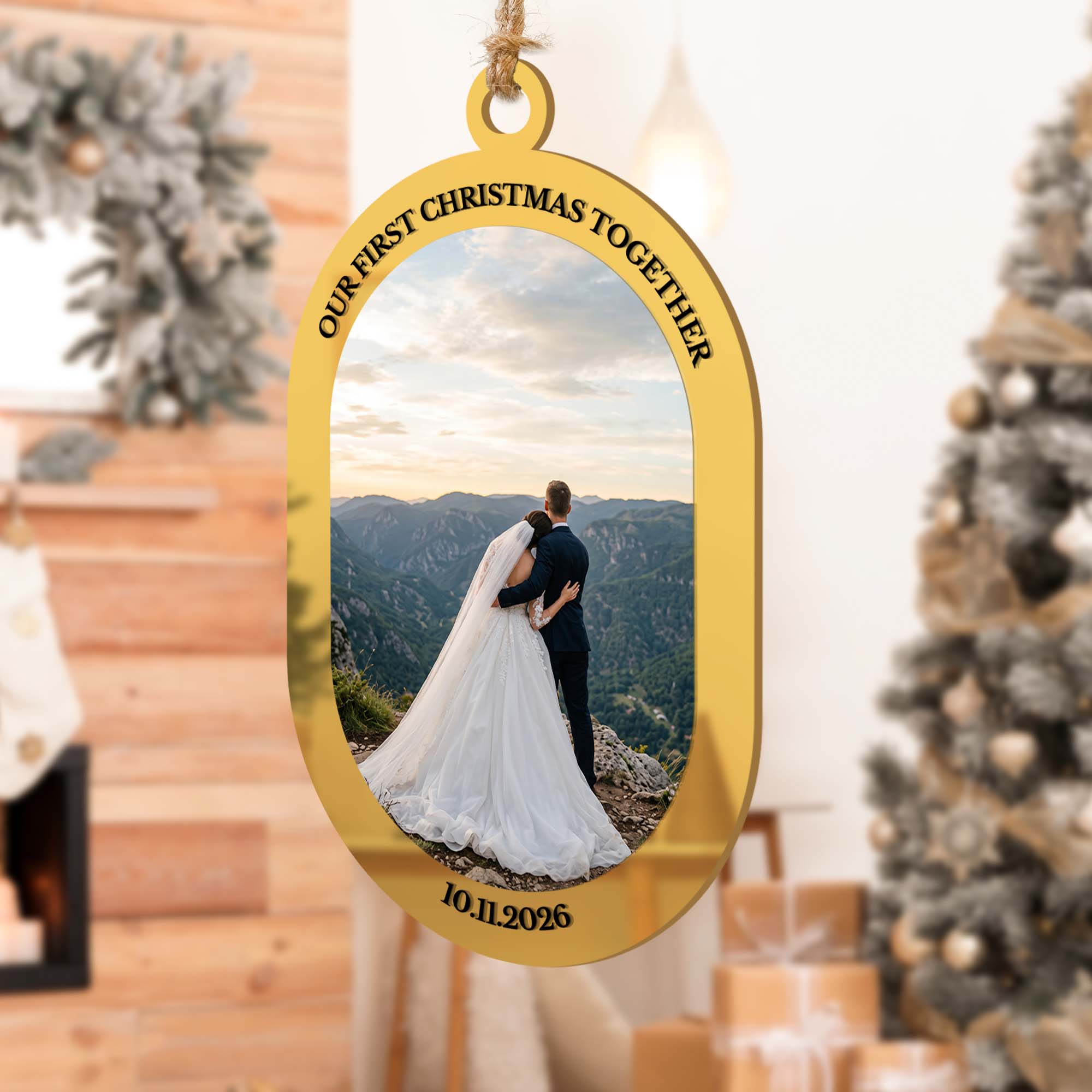 Wedding Couples Photo Mirror Ornament - First Christmas Married - Personalized Ornament 4
