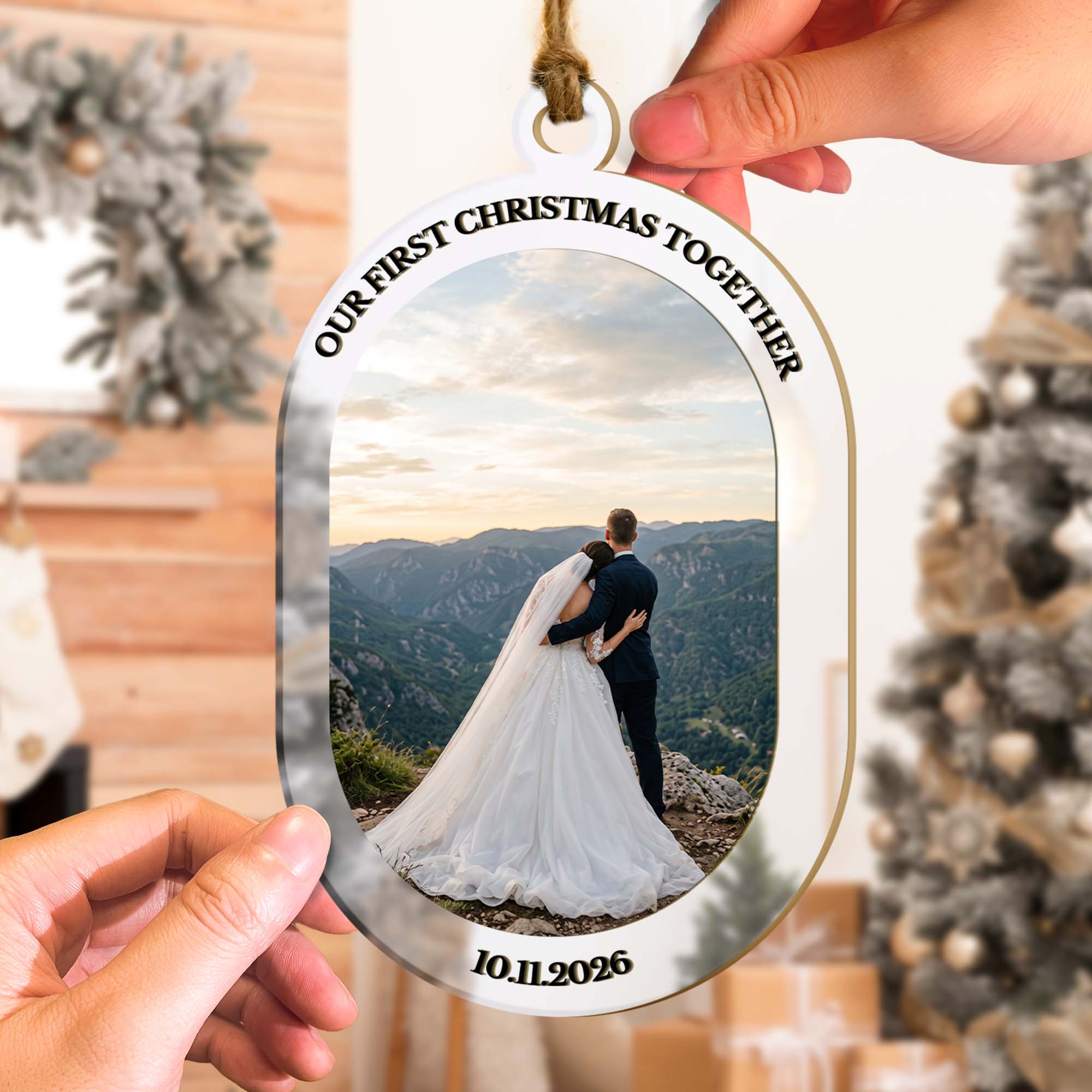 Wedding Couples Photo Mirror Ornament - First Christmas Married - Personalized Ornament 5