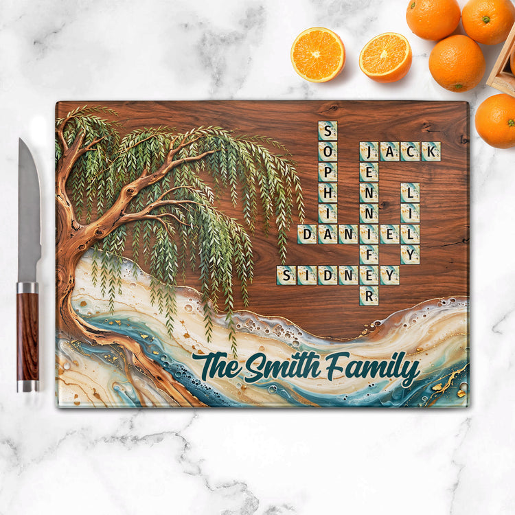 Willow Tree Stream Design Custom Scrabble Family Name - Personalized Cutting Board 1