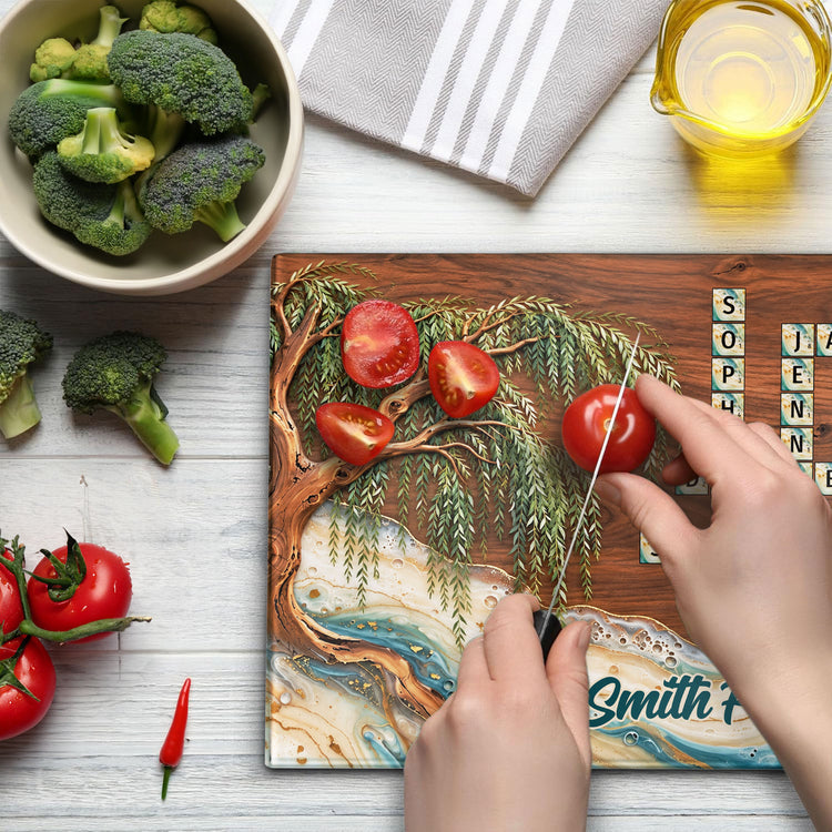 Willow Tree Stream Design Custom Scrabble Family Name - Personalized Cutting Board 3
