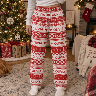 Xmas Gift, Custom Name, Fair Isle Knit Pattern - Personalized Lounge Pants