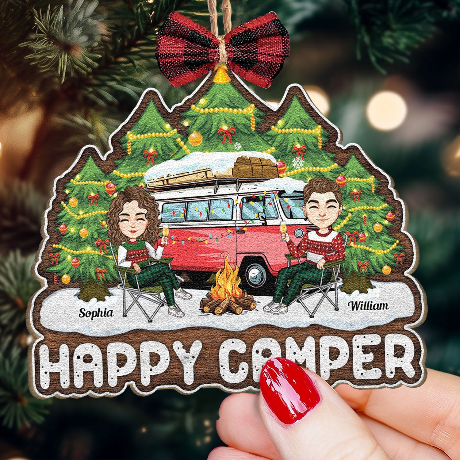 Happy Camper Camping Couples - Personalized Custom Shaped Wooden Ornament