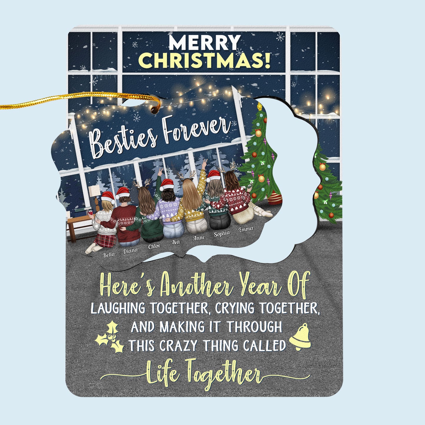 Besties Forever - Here's To Another Year - Personalized Wooden Card With Pop Out Ornament - Christmas Gift For Besties, Friends, Sisters, BFFs