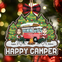 Happy Camper Camping Couples - Personalized Custom Shaped Wooden Ornament