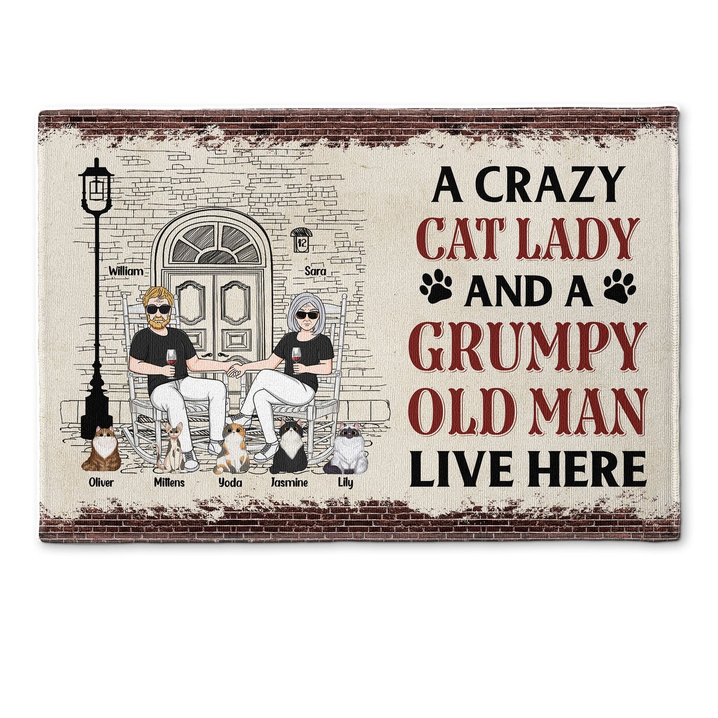 A Crazy Cat Lady And A Grumpy Old Man Live Here - Personalized Doormat - Fall season, Birthday, Autumn Gift For Cat Lover, Cat Lady, Grumpy Old Man