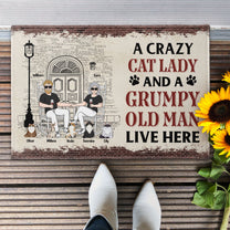 A Crazy Cat Lady And A Grumpy Old Man Live Here - Personalized Doormat - Fall season, Birthday, Autumn Gift For Cat Lover, Cat Lady, Grumpy Old Man