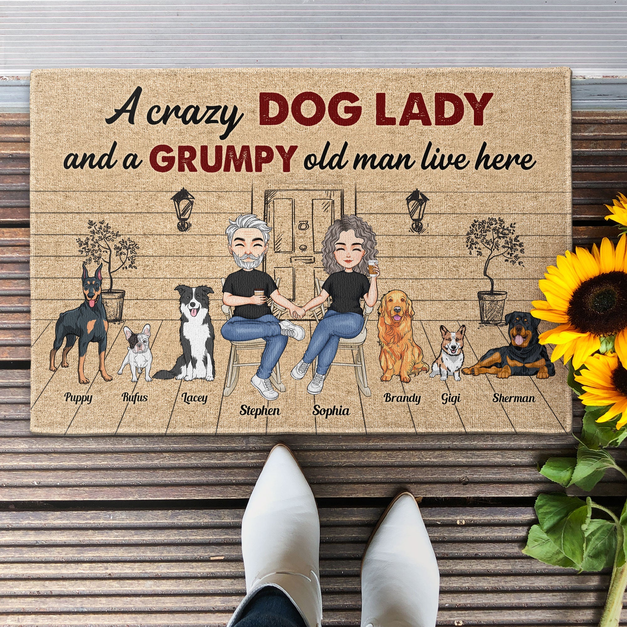 A Crazy Dog Lady And A Grumpy Old Man Live Here 2 Personalized Doormat Anniversary Birthday Home Decor Gift For Couple Husband Wife Dog Owner Dog Lover Macorner
