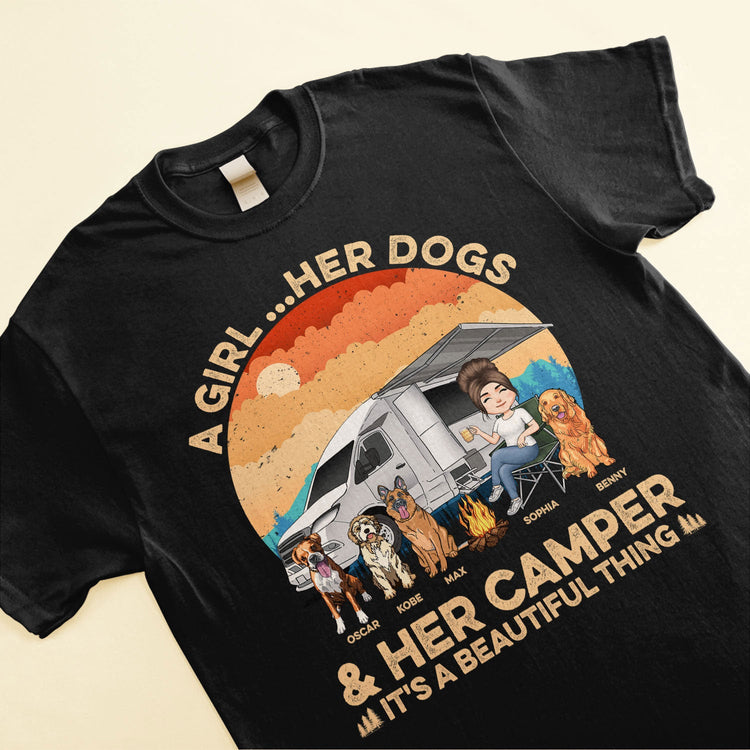 A Girl... Her Dogs & Her Camper - Personalized Shirt - Birthday Gift For Camping Girl, Camping Lover, Camper