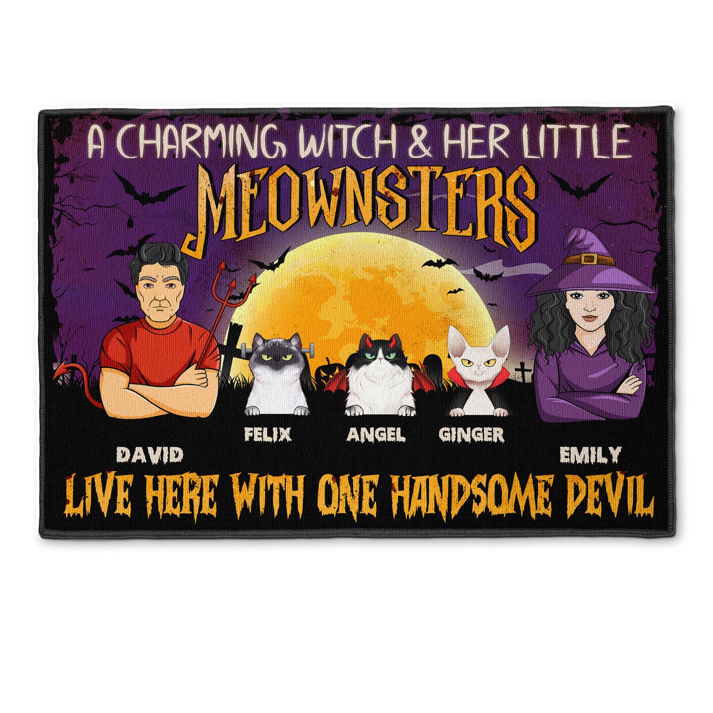 A Witch, A Devil & Their Meownsters - Personalized Doormat - Halloween Gift For Spouse, Husband, Wife, Couple, Outdoor Decor, Cat Owners