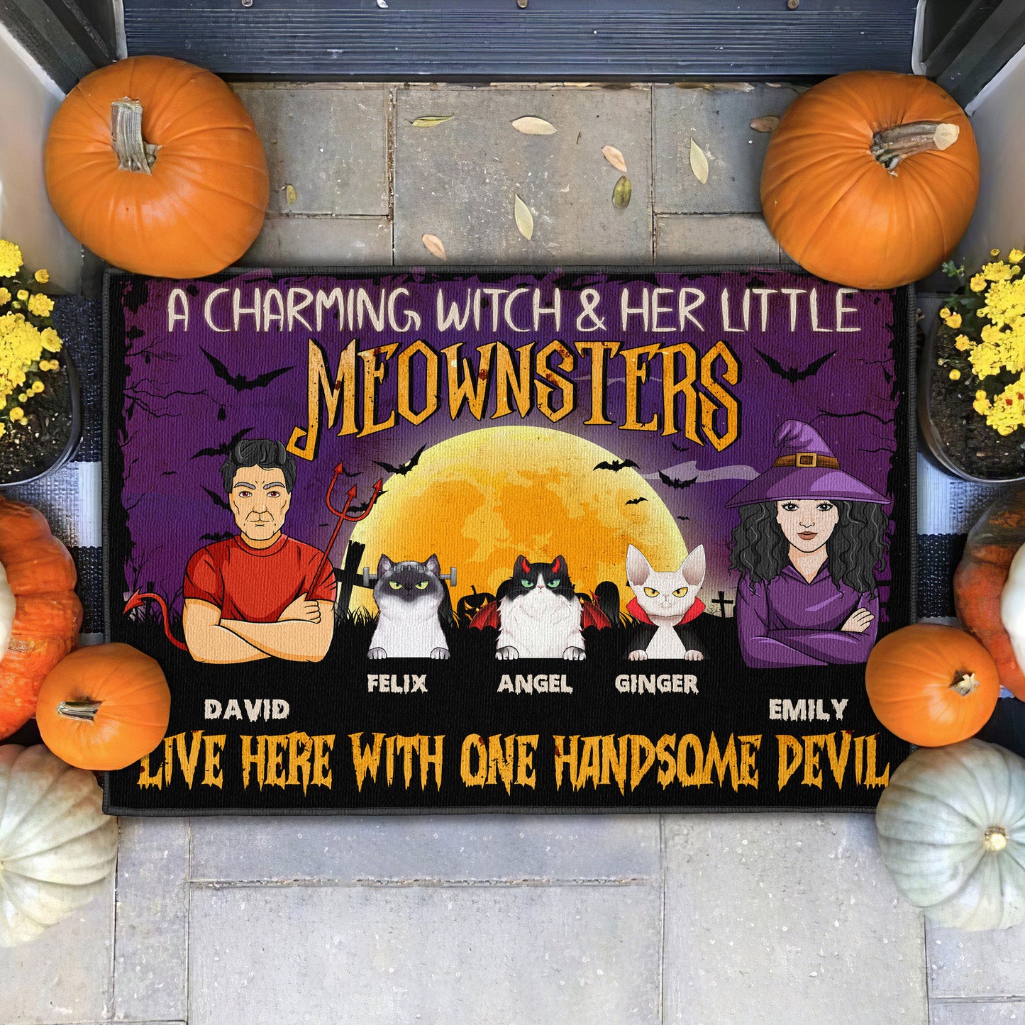 A Witch, A Devil & Their Meownsters - Personalized Doormat - Halloween Gift For Spouse, Husband, Wife, Couple, Outdoor Decor, Cat Owners
