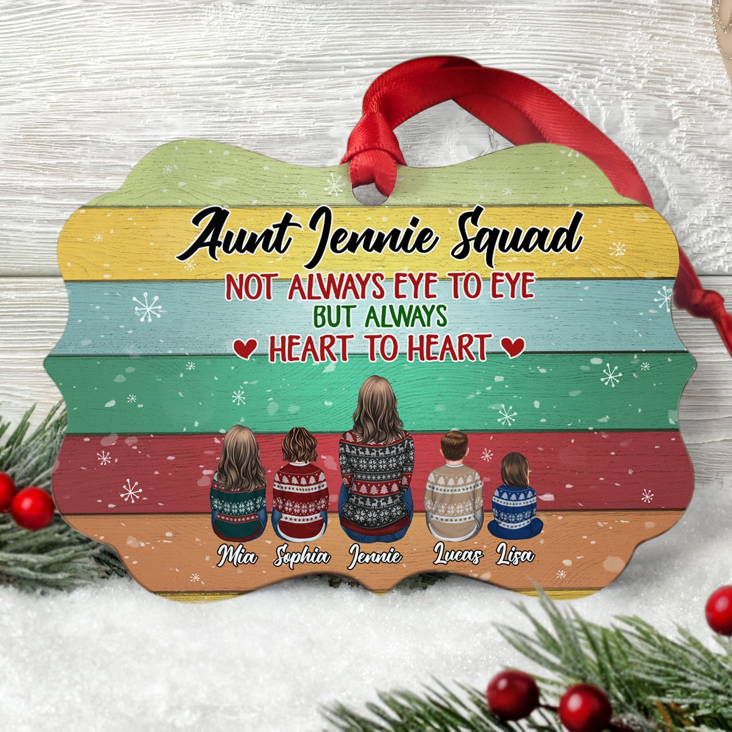 Aunt Squad Not Always Eye To Eye But Always Heart To Heart - Personalized Aluminum Ornament - Ugly Christmas Sweater Sitting