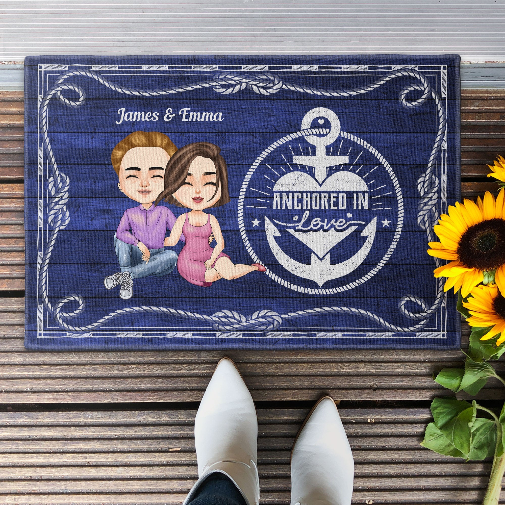 Anchored In Love - Personalized Doormat - Birthday, Anniversary Gift For Family, Husband, Wife, Lover