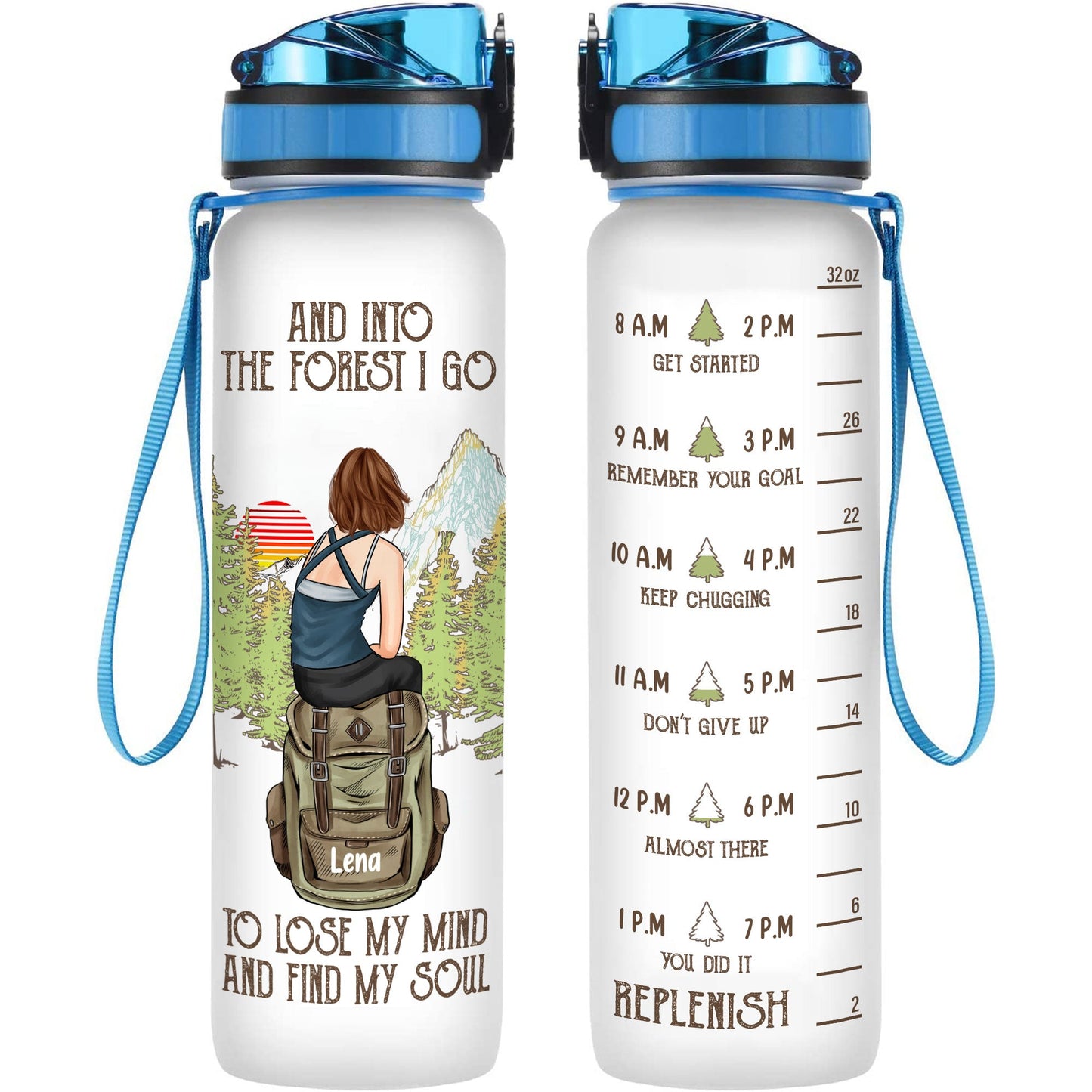 And Into The Forest I Go - Personalized Water Bottle With Time Marker - Birthday, Motivation Gift For Hiker, Hiking Lover, Camping lover, Camping  Girl