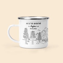 And So The Adventure Begins - Personalized Enamel Mug - Engagement Newlywed Anniversary Gifts For Couples, Camping Couples, Fiancée, Fiancé