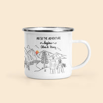 And So The Adventure Begins - Personalized Enamel Mug - Engagement Newlywed Anniversary Gifts For Couples, Camping Couples, Fiancée, Fiancé