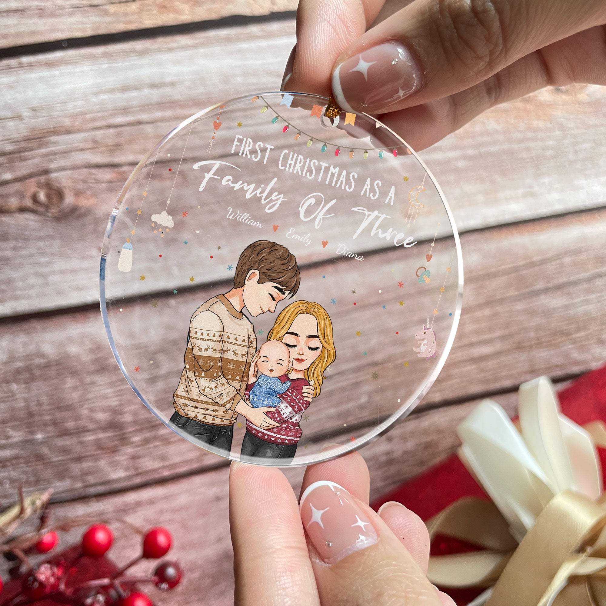 Baby First Christmas As A Family Of Three - Personalized Circle Acrylic Ornament