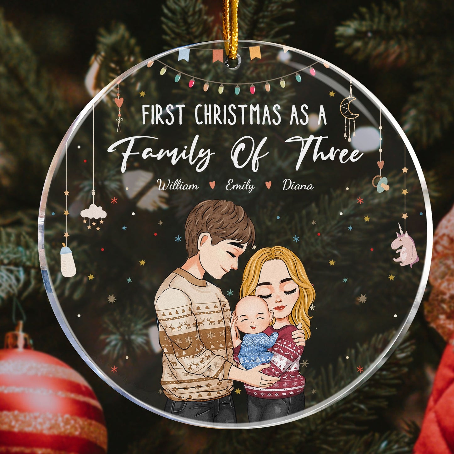 Baby First Christmas As A Family Of Three - Personalized Circle Acrylic Ornament