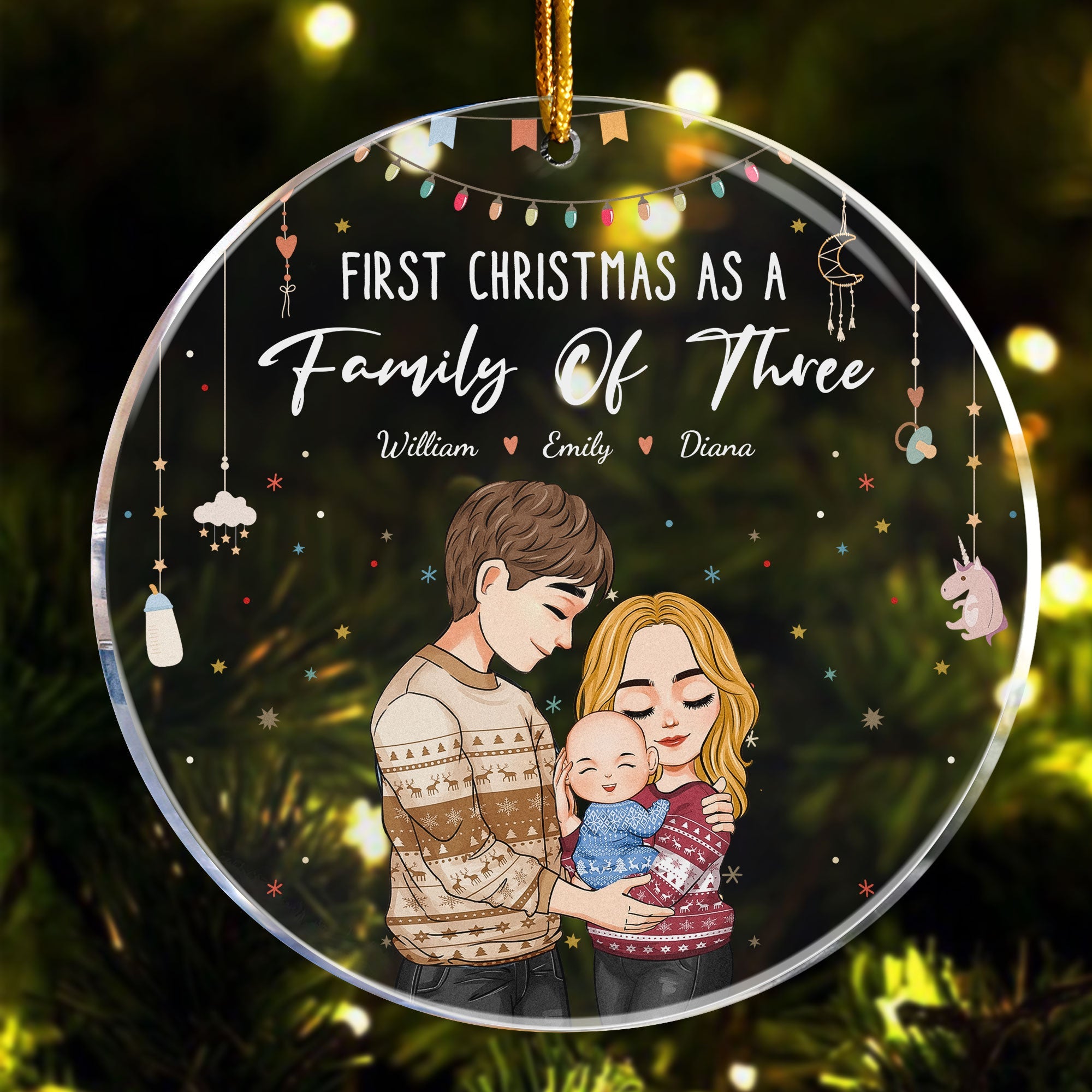 Baby First Christmas As A Family Of Three - Personalized Circle Acrylic Ornament