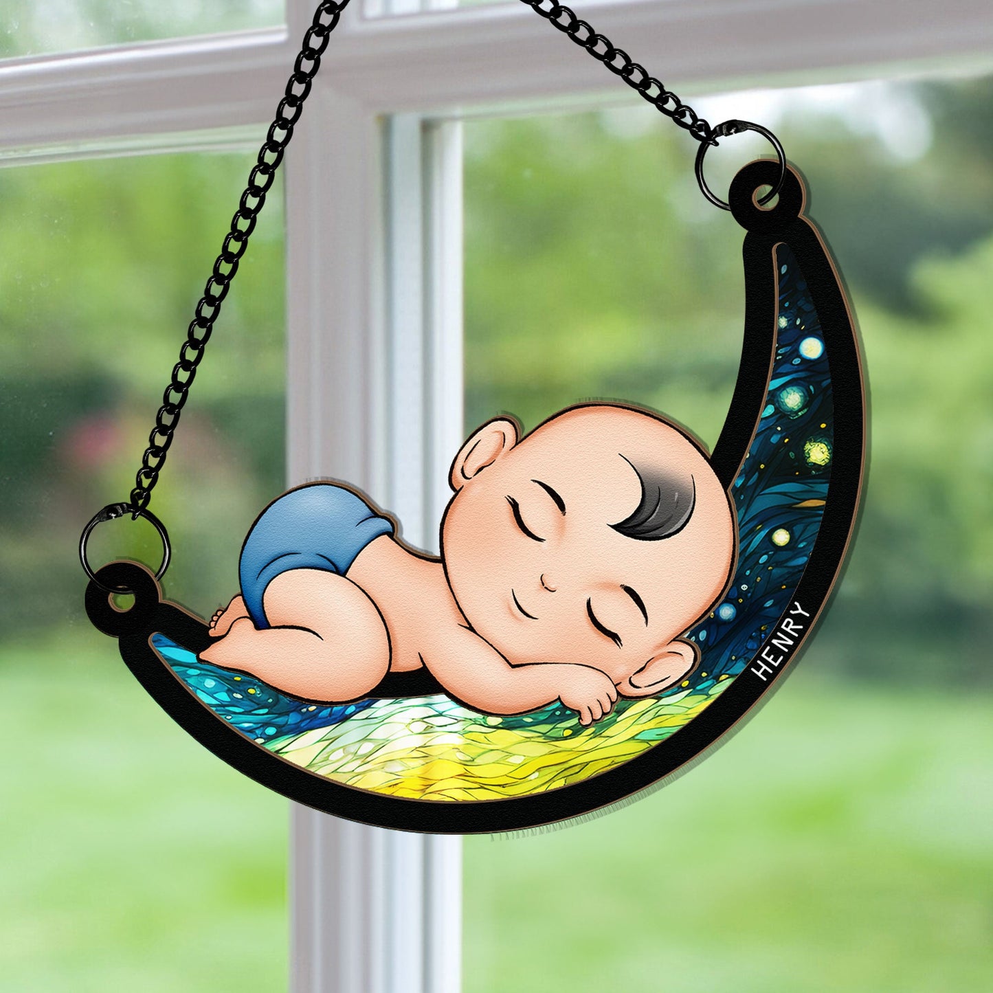 Baby Sleeping On The Moon - Personalized Window Hanging Suncatcher Ornament