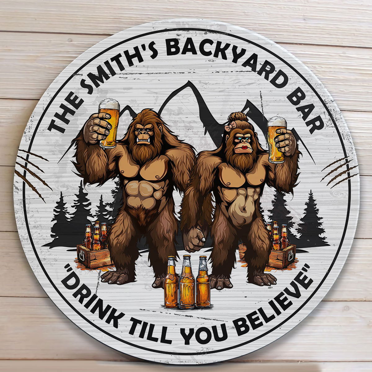 Backyard Bar "Drink Till You Believe" - Personalized Round Wood Sign