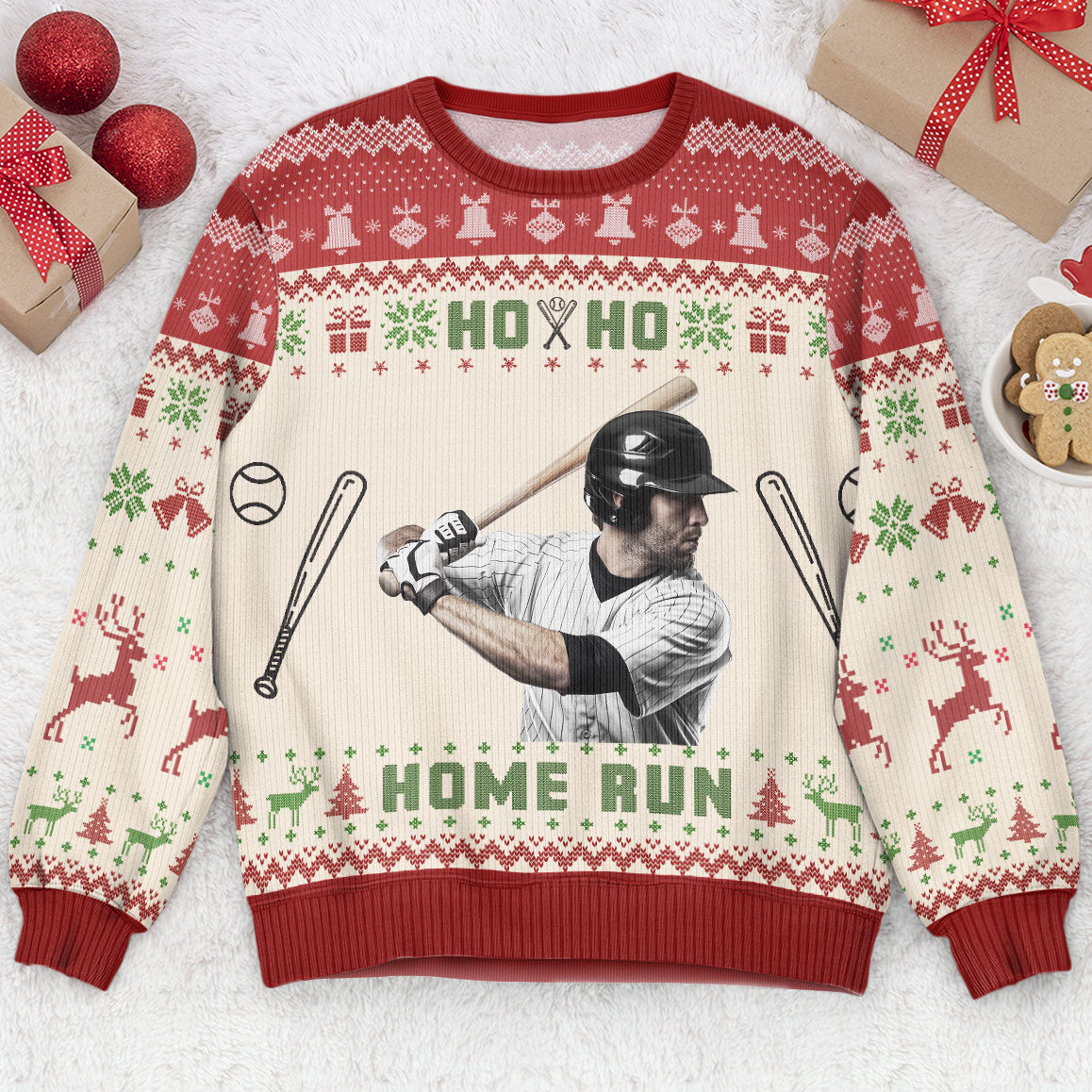 Baseball Ho Ho Home Run - Personalized Photo Ugly Sweater