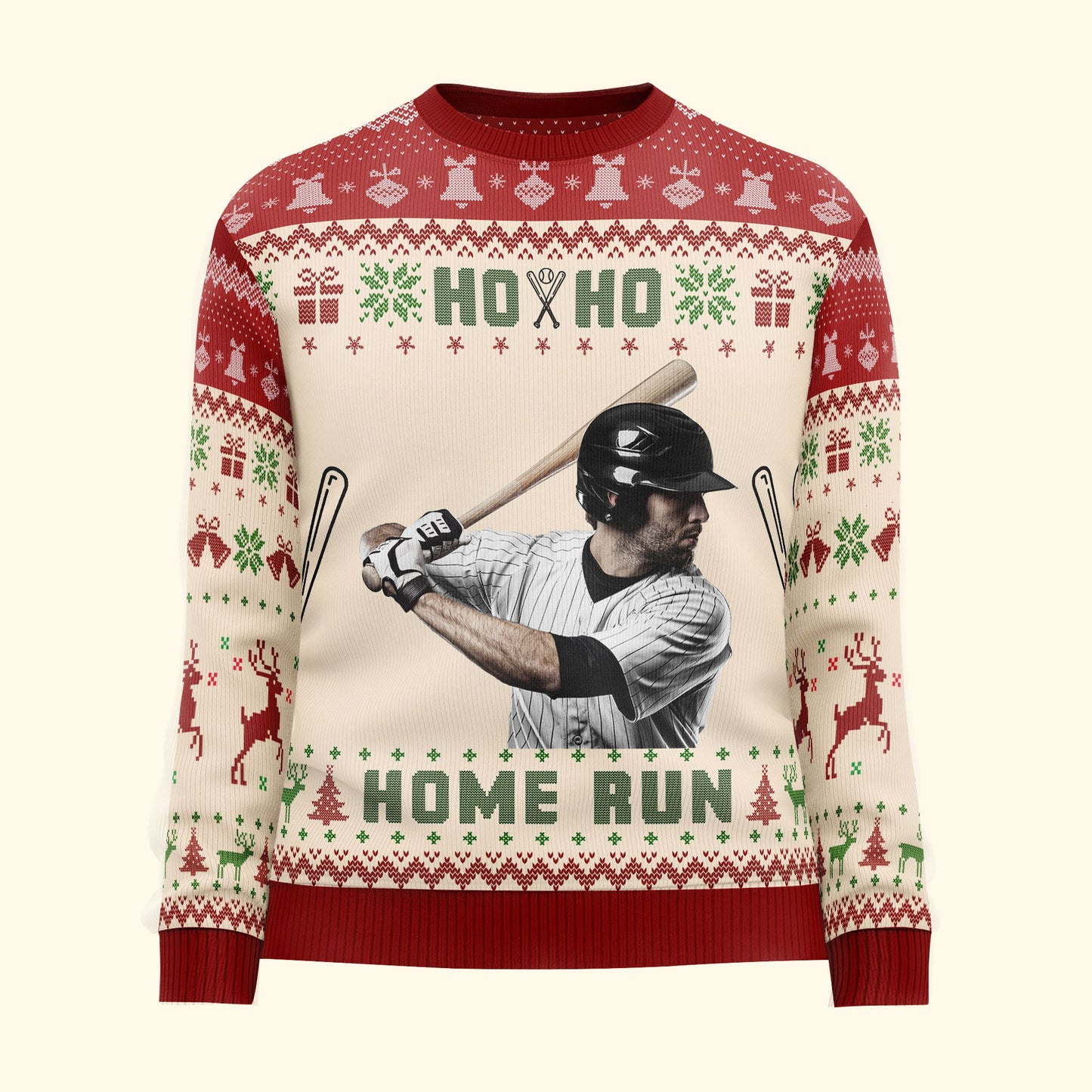 Baseball Ho Ho Home Run - Personalized Photo Ugly Sweater