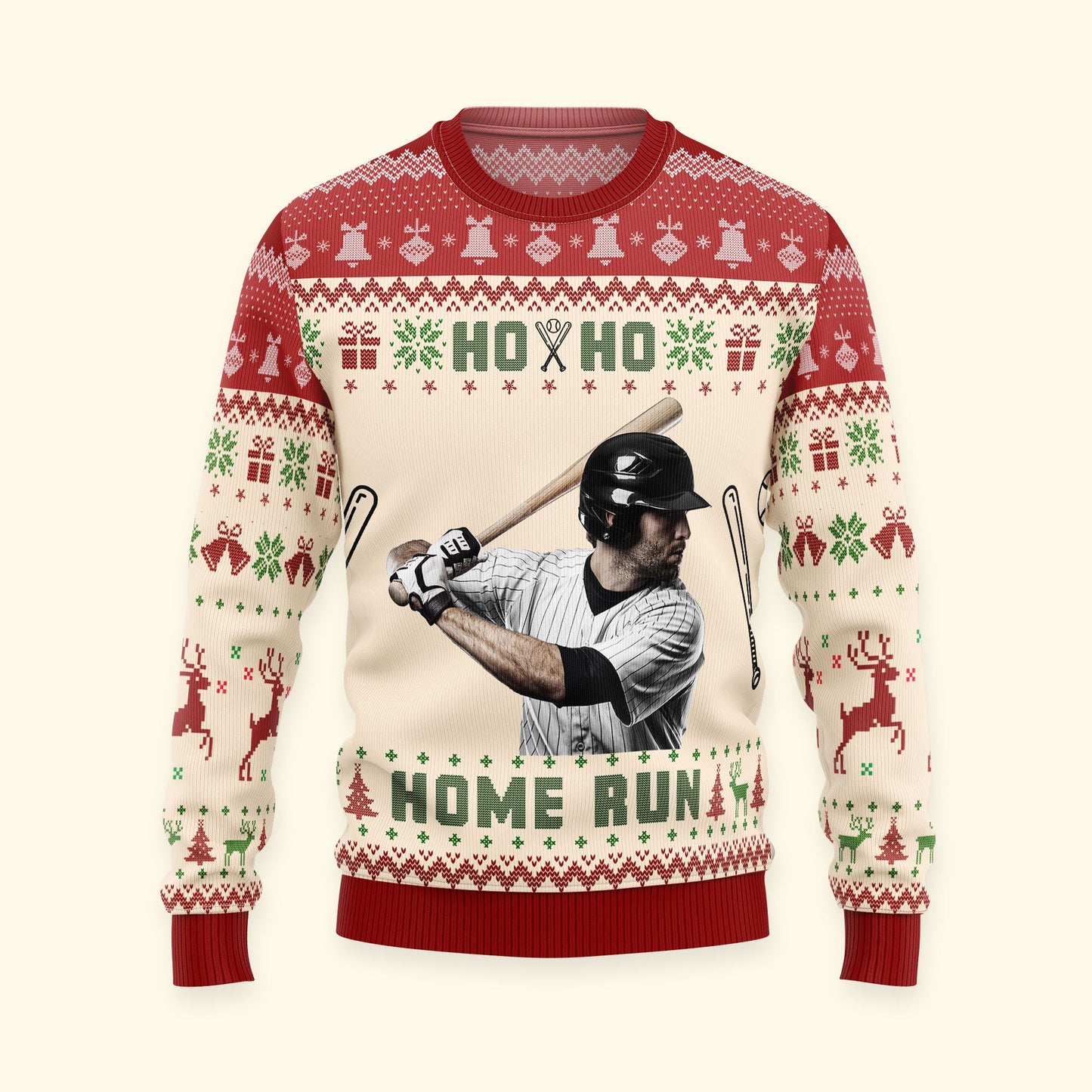 Baseball Ho Ho Home Run - Personalized Photo Ugly Sweater