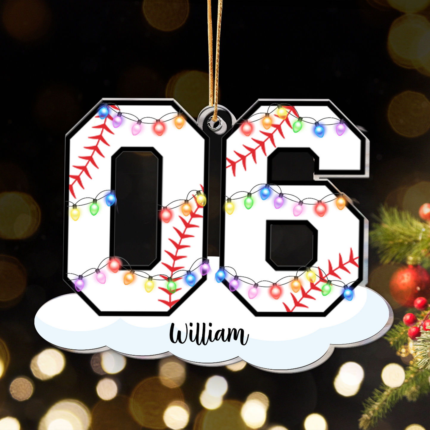 Baseball With Name And Number Christmas Light - Personalized Acrylic Ornament