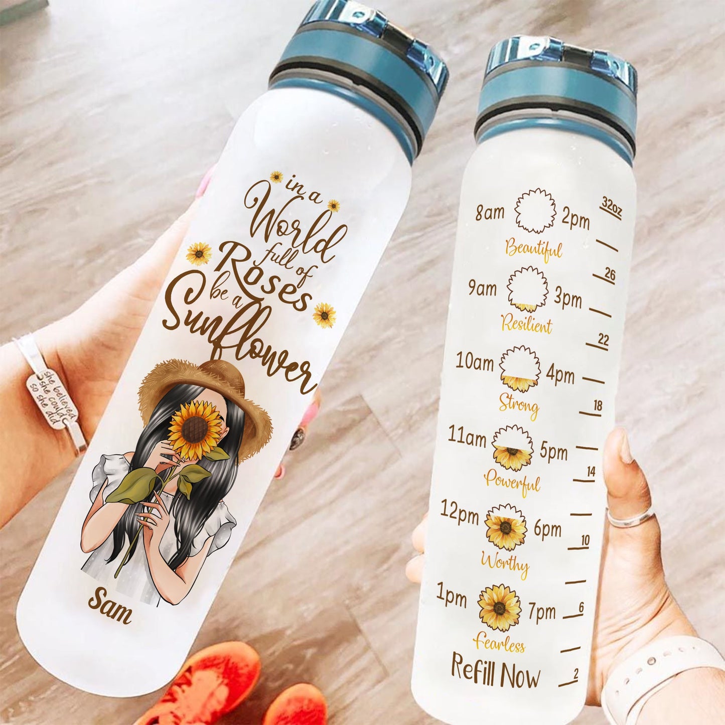 Be A Sunflower Cause You Are Awesome - Personalized Water Tracker Bottle - Birthday, Motivational Gift For Her, Girls, Sunflowers Girl, Positive Gift