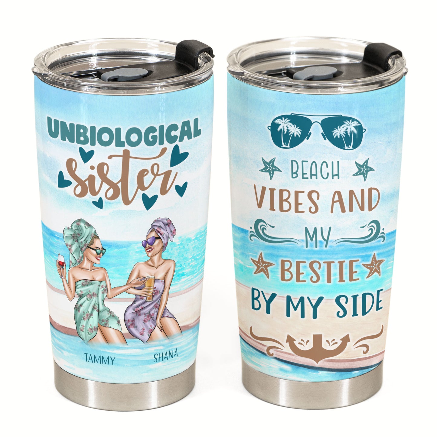 Beach Vibes Bestie By My Side - Personalized Tumbler Cup - Gift For Friends