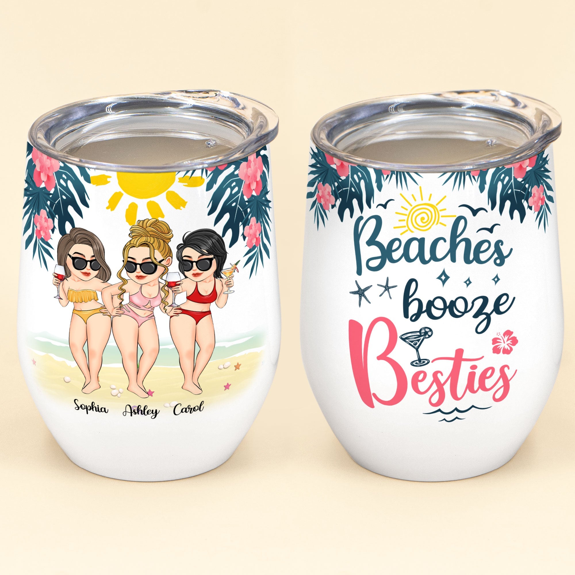Beaches, Booze & Besties - Personalized Wine Tumbler - Birthday, Funny, Summer Gift For Beach Lovers , Besties, Soul Sisters, Sistas, Bff, Friends