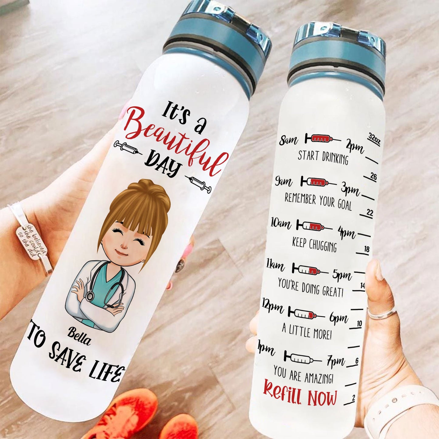 Beautiful Day To Save Life - Personalized Water Tracker Bottle - Birthday Gift For Doctor, Nurse