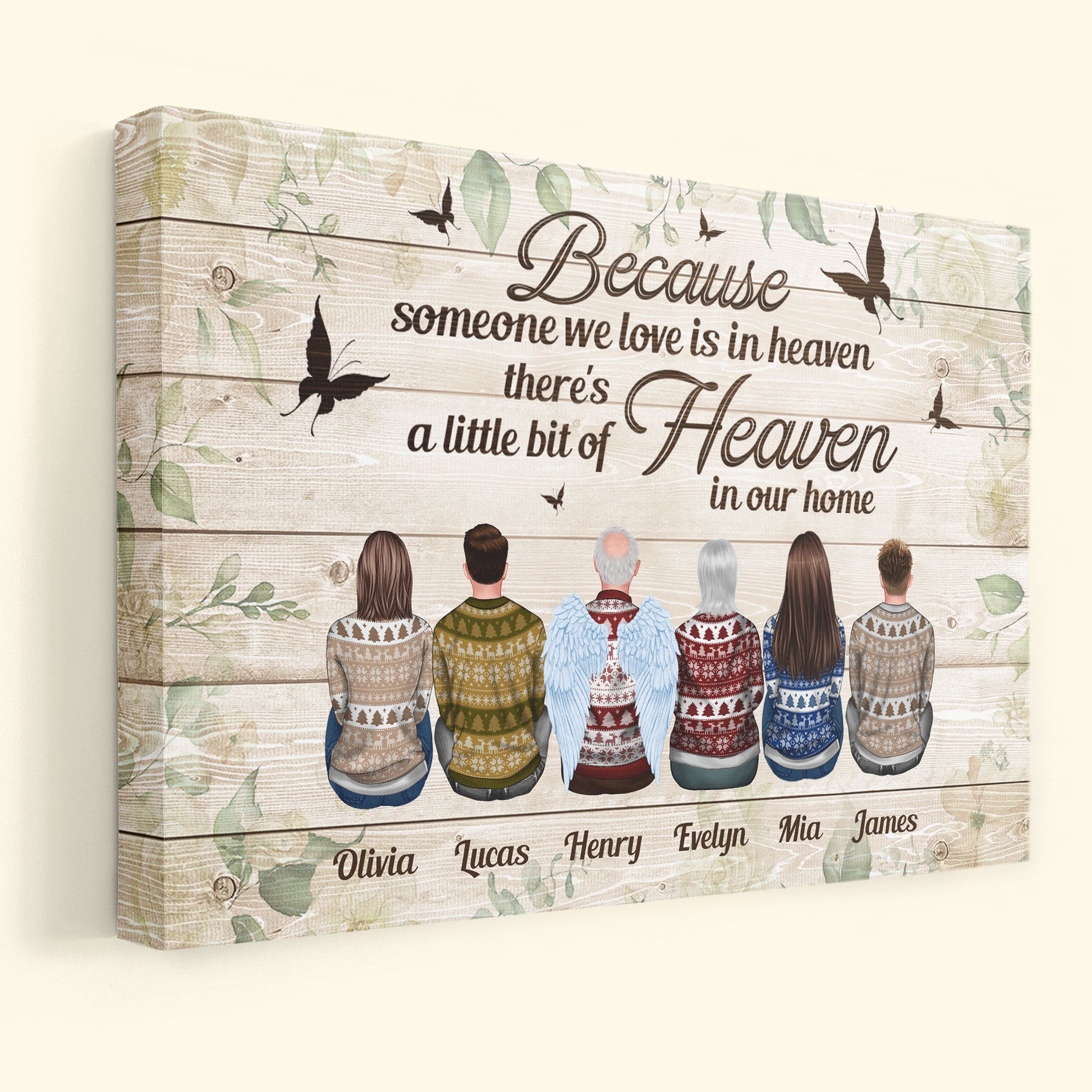 Because Someone We Love Is In Heaven - Personalized Canvas - Memorial Gift For Family Members - Ugly Christmas Sweater Sitting