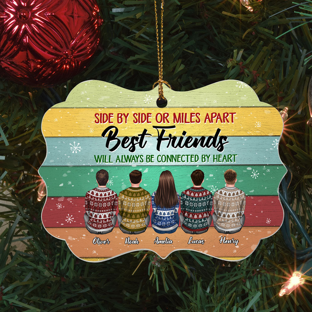 Best Friends Will Always Be Connected By Heart - Personalized Aluminum Ornament - Christmas Gift Friends Ornament For Besties - Ugly Christmas Sweater Sitting
